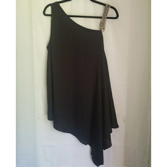 Lane Bryant Black Tank Top Blouse 18/20 Silver Chain Strap Asymmetrical Swing - Picture 1 of 10